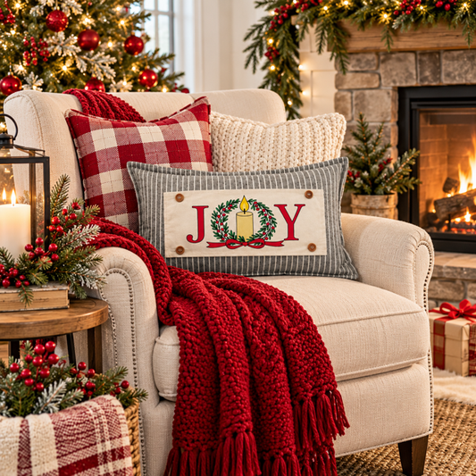NEW! PANEL ONLY: RECTANGLE Winter; Vintage Christmas, Santa, Pine Wreath, Holly Berries; JOY WREATH