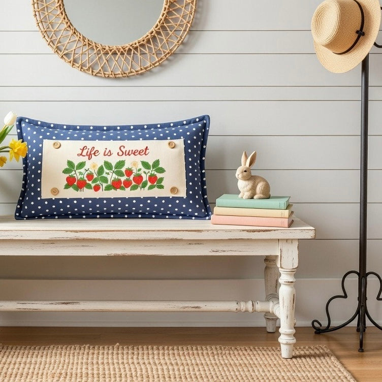 NEW! SPRING/SUMMER BUNDLE:  3 seasons +BLUE POLKA DOT pillow:  STRAWBERRY PATCH CARROT PATCH, BARN QUILT FLAG