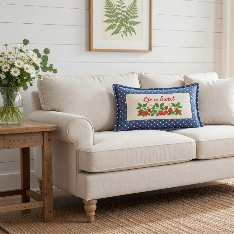 PILLOW ONLY RECTANGLE denim country blue with white polka dots: BLUE POLKA-DOT PILLOW (with fluffy insert)