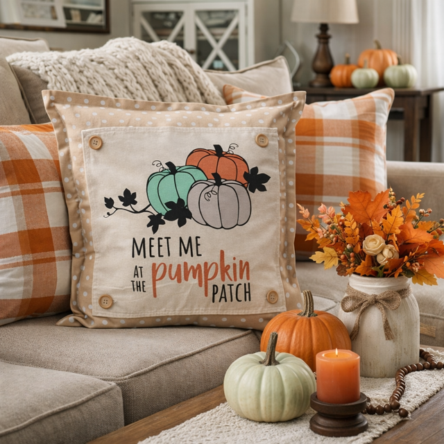 NEW! SQUARE SUMMER/FALL BUNDLE:  3 seasons +TAN POLKA DOT pillow: STRAWBERRY ICE CREAM, LAND THAT I LOVE, PUMPKIN PATCH, CUSTOM PANEL