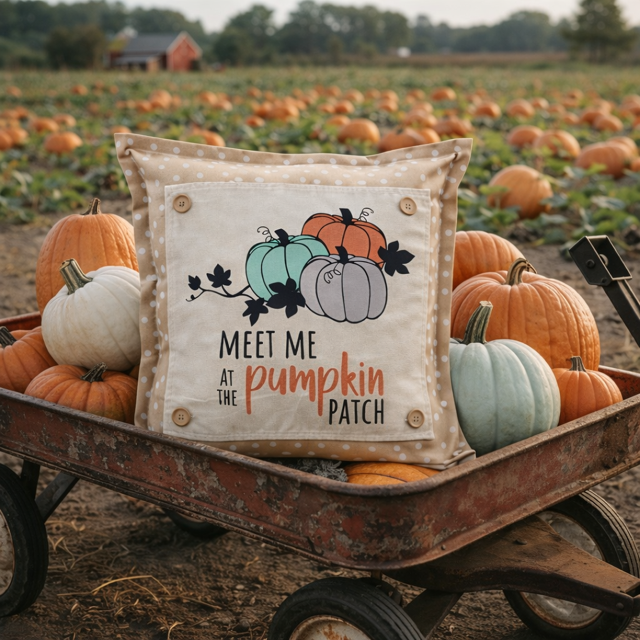 NEW! SQUARE SUMMER/FALL BUNDLE:  3 seasons +TAN POLKA DOT pillow: STRAWBERRY ICE CREAM, LAND THAT I LOVE, PUMPKIN PATCH, CUSTOM PANEL