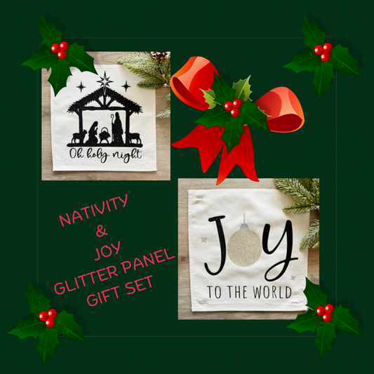 GIFT GUIDE: PERFECT FOR THE GLITTERY GAL IN YOUR LIFE!   SQUARE GIFT SET of 2: Glitter Nativity Oh Holy Night and Glitter Joy to the World