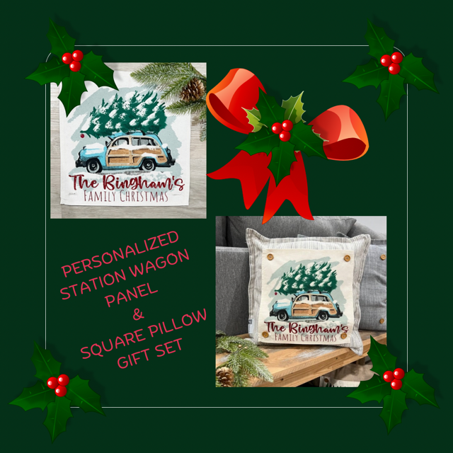 GIFT GUIDE:  FOR THE TRADITIONAL CHRISTMAS MOVIE LOVERS!   SQUARE GIFT SET of 2: Personalized Glitter Christmas Tree Station Wagon AND a Pillow of your choice!