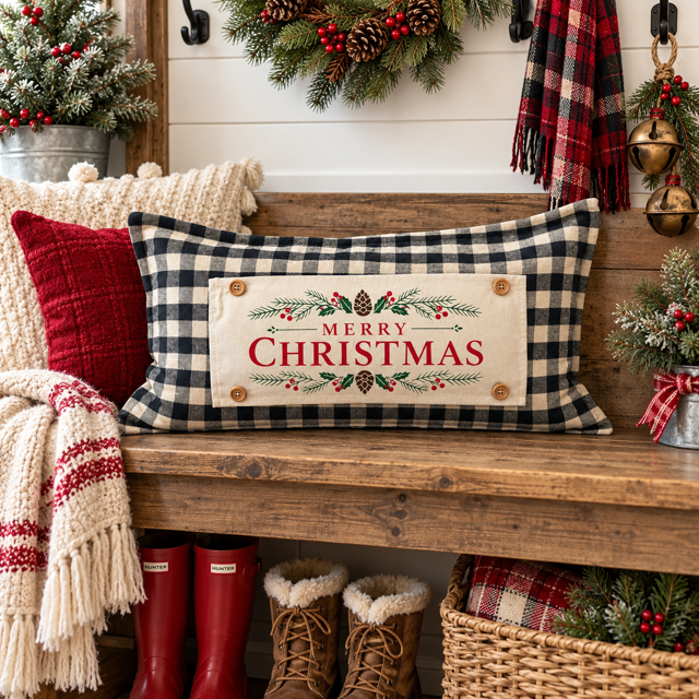 NEW! PANEL ONLY: RECTANGLE Winter; Vintage Christmas Santa Pine Bows, Holly Berries; MERRY CHRISTMAS PINE BOWS