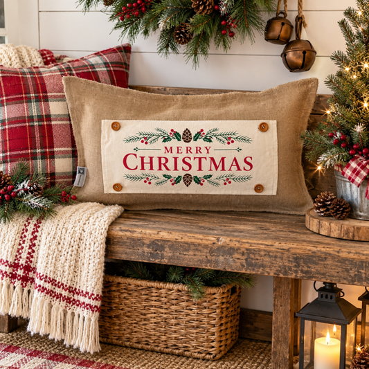 NEW! PANEL ONLY: RECTANGLE Winter; Vintage Christmas Santa Pine Bows, Holly Berries; MERRY CHRISTMAS PINE BOWS