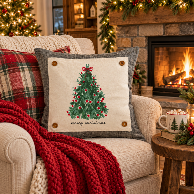 PANEL ONLY: SQUARE Christmas Green Red Bow; MERRY CHRISTMAS TREE