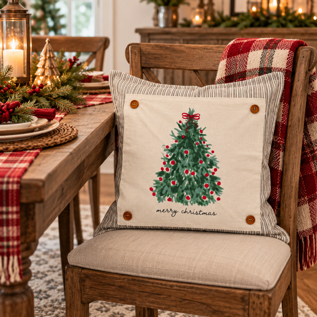 PANEL ONLY: SQUARE Christmas Green Red Bow; MERRY CHRISTMAS TREE