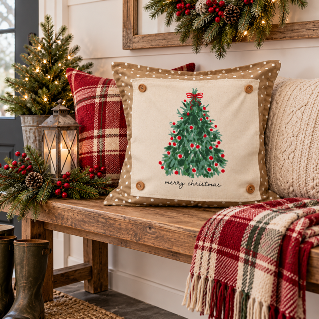 PANEL ONLY: SQUARE Christmas Green Red Bow; MERRY CHRISTMAS TREE