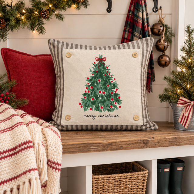 PANEL ONLY: SQUARE Christmas Green Red Bow; MERRY CHRISTMAS TREE