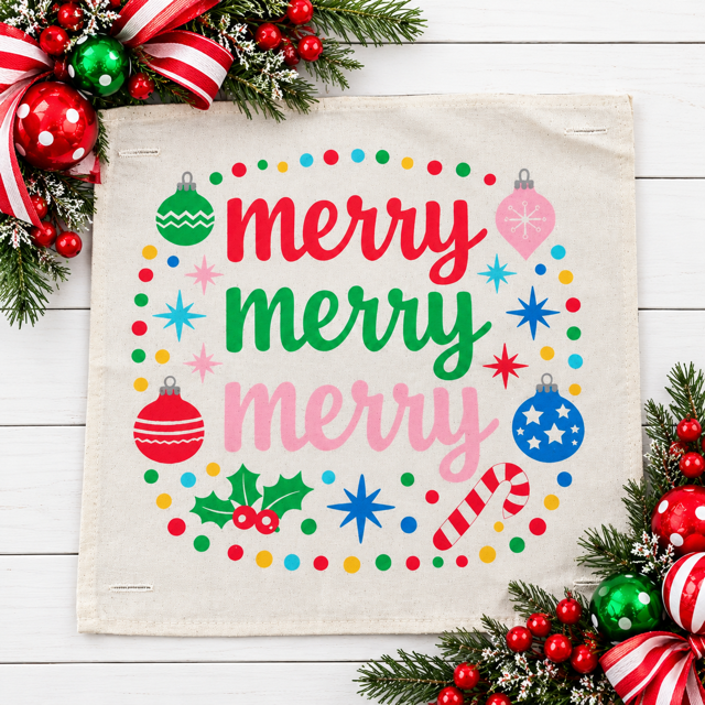 PANEL ONLY: SQUARE Christmas Bright Colorful Ornaments Candy Canes Holly; MERRY MERRY MERRY