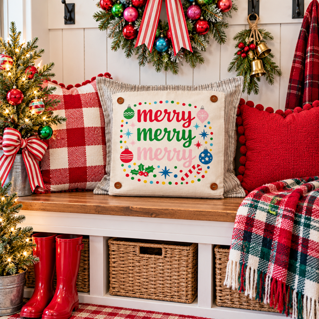 PANEL ONLY: SQUARE Christmas Bright Colorful Ornaments Candy Canes Holly; MERRY MERRY MERRY