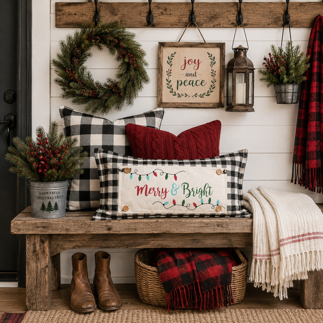 PANEL ONLY RECTANGLE:  Holiday Panel: Winter, Christmas Lights, String of Lights, Farmhouse, Red, Green, Blue ; MERRY & BRIGHT