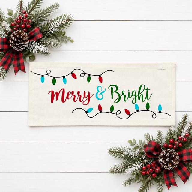 PANEL ONLY RECTANGLE:  Holiday Panel: Winter, Christmas Lights, String of Lights, Farmhouse, Red, Green, Blue ; MERRY & BRIGHT