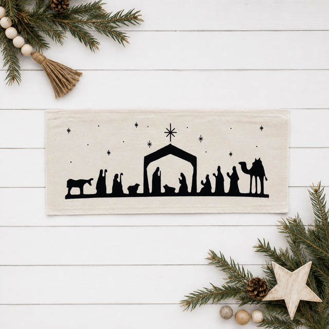 PANEL ONLY RECTANGLE Christ Birth Holiday Panel: Winter, Christmas, Mary, Joseph, 3 Wisemen, Camel, Shepards, Star, Light of the World, Peace, Joy, Hope; NATIVITY