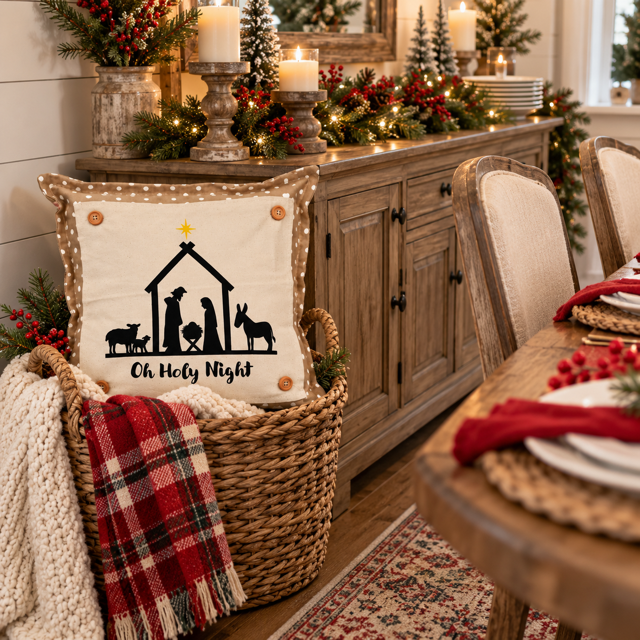 PANEL ONLY: SQUARE Christmas Christ Mary Joseph Stable Star: NATIVITY OH HOLY NIGHT SQUARE
