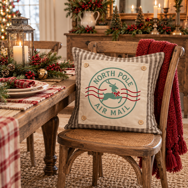 PANEL ONLY: SQUARE Christmas Green Red Reindeer; NORTH POLE STAMP