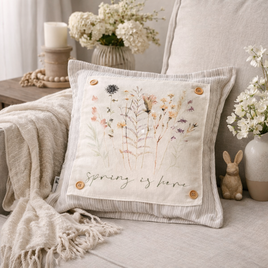 NEW! SQUARE BUNDLE SET: TICKING STRIPES PILLOW (comes with foam insert and these 3 panels in back pocket); Winter : SKI BENCH, HEARTS, PRESSED FLOWERS