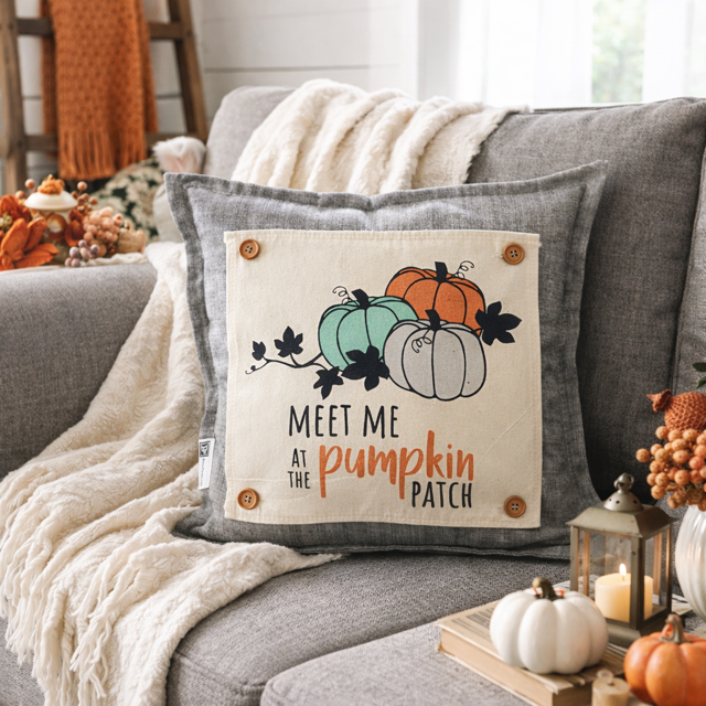 PANEL ONLY: SQUARE Fall, Autumn Thanksgiving Gingham for throw pillow MEET ME AT THE PUMPKIN PATCH