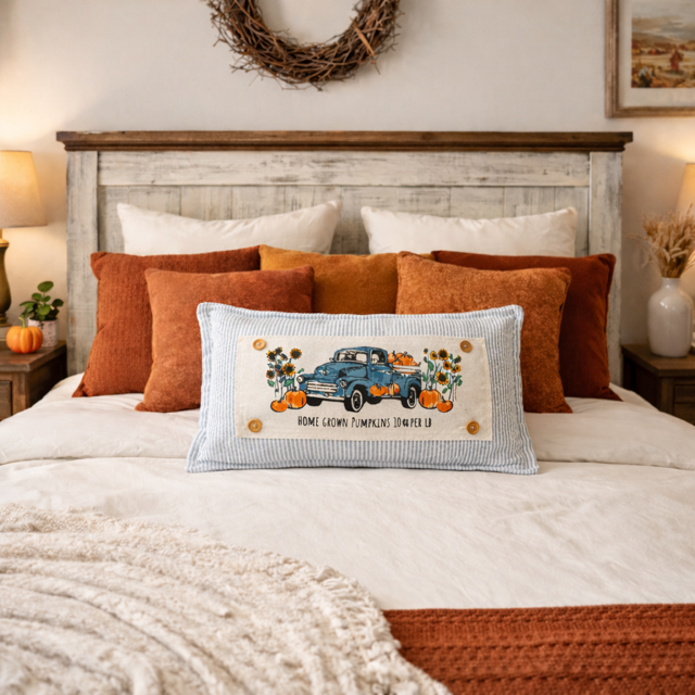 NEW! RECTANGLE GLITTER SPRING/SUMMER/FALL BUNDLE:  3 seasons + GRAY/WHITE TICKING STRIPE REC. pillow: GLITTER MOTHER'S MAKE THE WORLD GO 'ROUND, BARN QUILT, PUMPKIN TRUCK