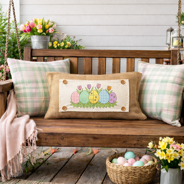 PANEL ONLY: RECTANGLE Spring, Pastel, Bunny, Buffalo Check, Checkered  Gingham; PASTEL QUILTED EGGS  with TUILIPS
