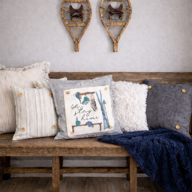 NEW! SQUARE BUNDLE SET: TICKING STRIPES PILLOW (comes with foam insert and these 3 panels in back pocket); Winter : SKI BENCH, HEARTS, PRESSED FLOWERS