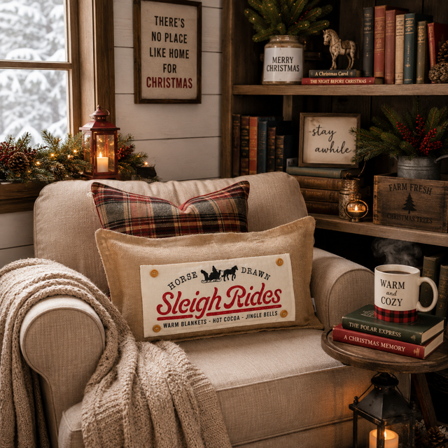 PANEL ONLY: RECTANGLE Winter; Vintage Christmas Santa Sleigh One Horse Drawn Ride; SLEIGH RIDE