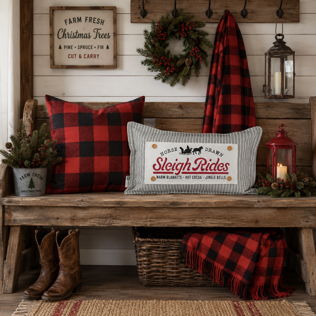 PANEL ONLY: RECTANGLE Winter; Vintage Christmas Santa Sleigh One Horse Drawn Ride; SLEIGH RIDE