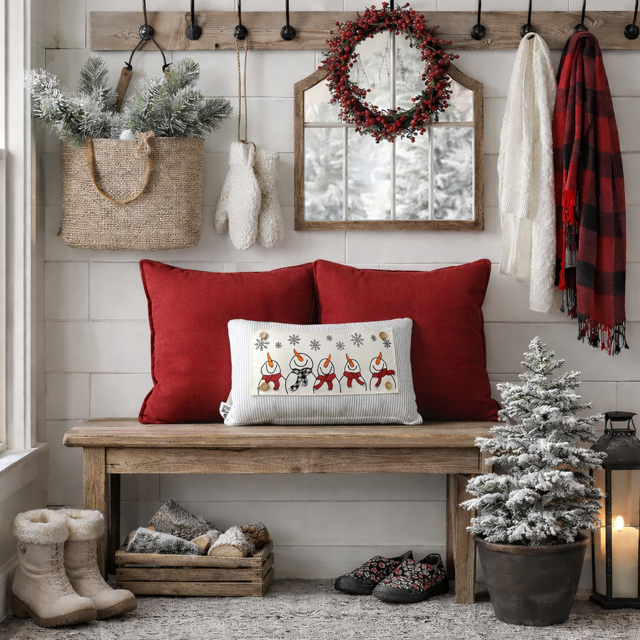 PANEL ONLY: 
RECTANGLE Season Panel: Winter January Decor Snow Snowflake Christmas; Singing Chorus Caroling Scarf Dancing Happy SNOWMAN SCARVES