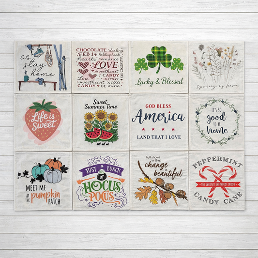 12 PANELS ONLY BUNDLE: SQUARE throw pillow Year of Panels Bundle SAVE!!!: SKI BENCH, V-DAY SUBWAY, LUCKY & BLESSED, PRESSED FLOWERS, STRAWBERRY ICECREAM, SUMMER TIME, LAND I LOVE, GOOD TO BE HOME, PUMPKIN PATCH, HOCUS POCUS, ACORN BRANCH, CANDY CANE