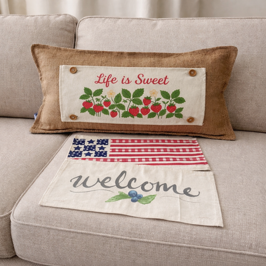 NEW! RECTANGLE SUMMER/FALL BUNDLE:  3 seasons + BURLAP pillow:  LIFE IS SWEET, BARN QUILT, NEW WELCOME