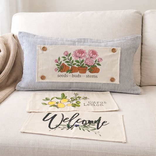 NEW! RECTANGLE SUMMER/FALL BUNDLE:  3 seasons + TICKING STRIPES pillow:  PEONIES, CITRUS LEMON, OLD WELCOME
