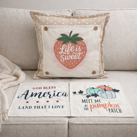 NEW! SUMMER/FALL BUNDLE:  3 seasons +TAN POLKA DOT pillow: STRAWBERRY ICE CREAM, LAND THAT I LOVE, PUMPKIN PATCH