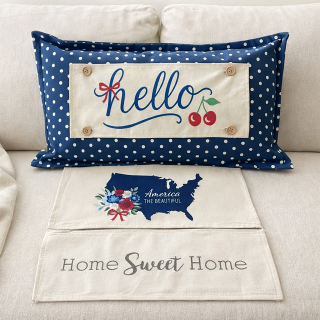 NEW! RECTANGLE SUMMER/FALL BUNDLE:  3 seasons +BLUE POLKA DOT pillow:  HELLO CHERRY, USA MAP, HOME SWEET HOME