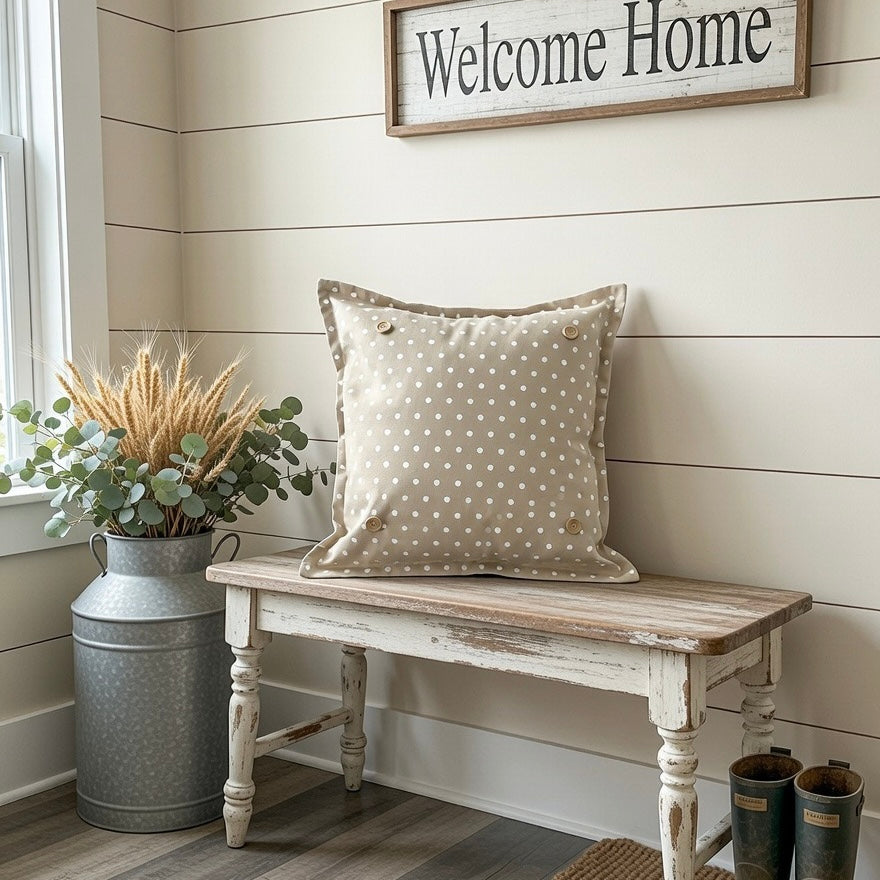 PILLOW ONLY: SQUARE Tan with white polka-dot spots Pillow; WHITE/TAN POLKA DOT PILLOW (with insert)