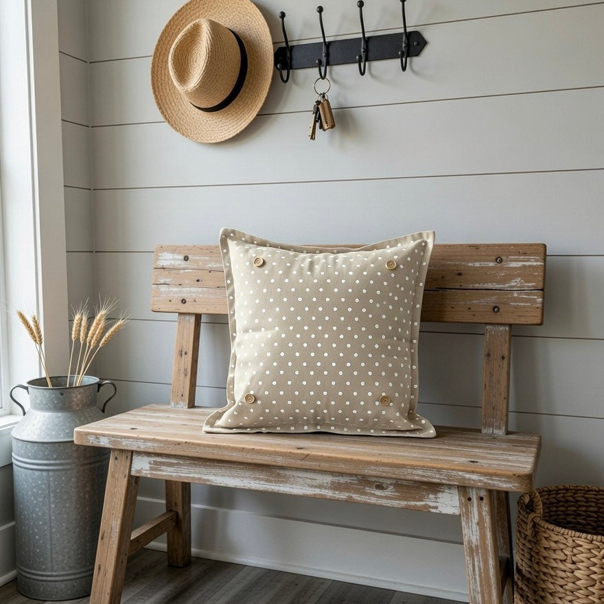 PILLOW ONLY: SQUARE Tan with white polka-dot spots Pillow; WHITE/TAN POLKA DOT PILLOW (with insert)