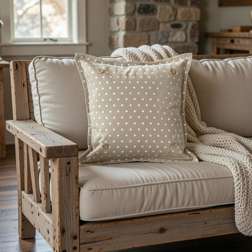 PILLOW ONLY: SQUARE Tan with white polka-dot spots Pillow; WHITE/TAN POLKA DOT PILLOW (with insert)