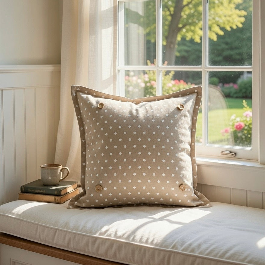 PILLOW ONLY: SQUARE Tan with white polka-dot spots Pillow; WHITE/TAN POLKA DOT PILLOW (with insert)