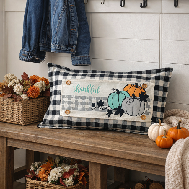 PANEL ONLY: RECTANGLE for throw pillow Autumn Thanksgiving Pumpkins Cider Bless Gratitude Gingham THANKFUL PUMPKIN