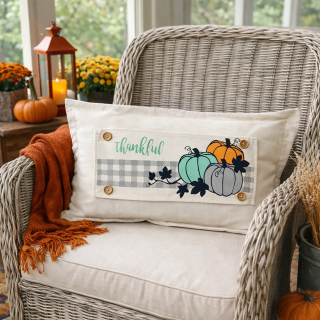 PANEL ONLY: RECTANGLE for throw pillow Autumn Thanksgiving Pumpkins Cider Bless Gratitude Gingham THANKFUL PUMPKIN
