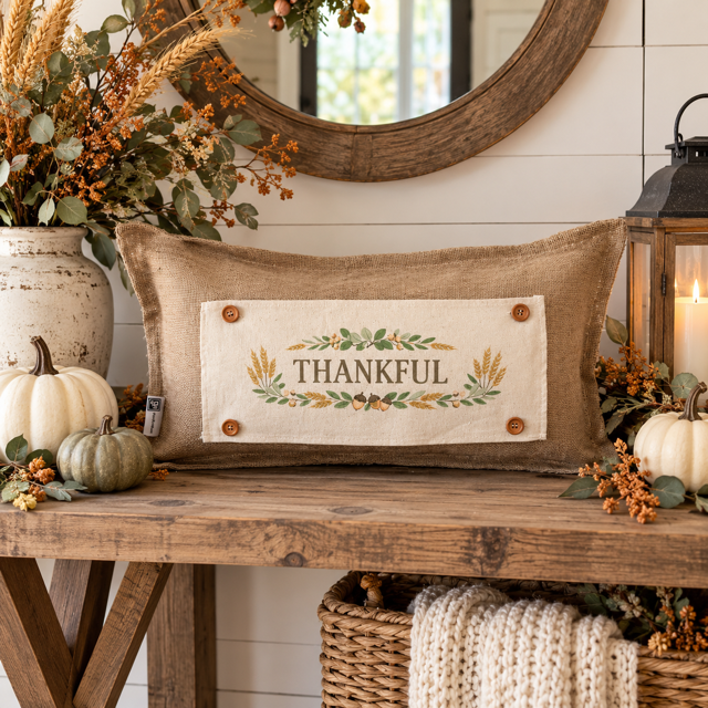 NEW!  PANEL ONLY:  Fall Autumn wheat acorns berries Thanksgiving; THANKFUL