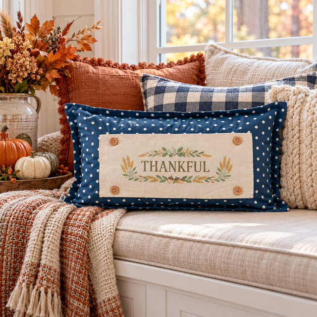 NEW!  PANEL ONLY:  Fall Autumn wheat acorns berries Thanksgiving; THANKFUL