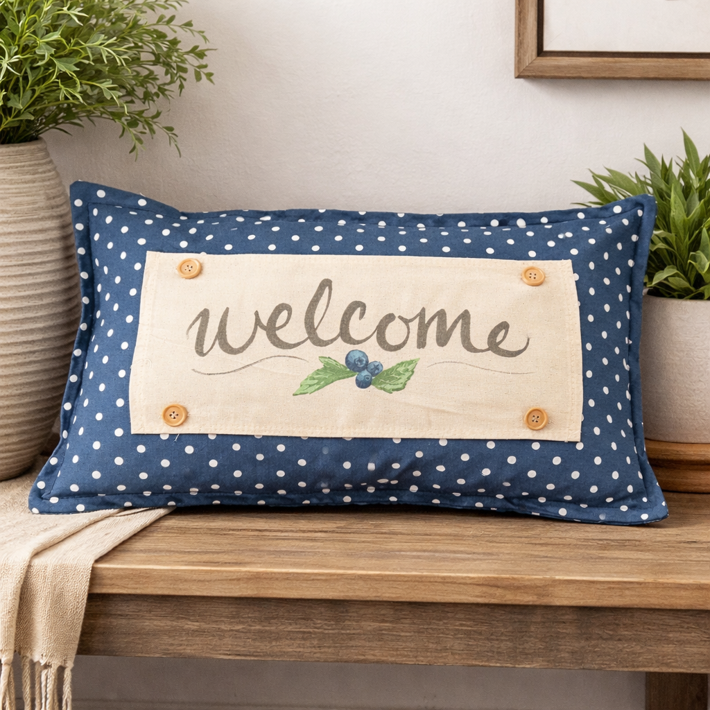 PILLOW ONLY RECTANGLE denim country blue with white polka dots: BLUE POLKA-DOT PILLOW (with fluffy insert)