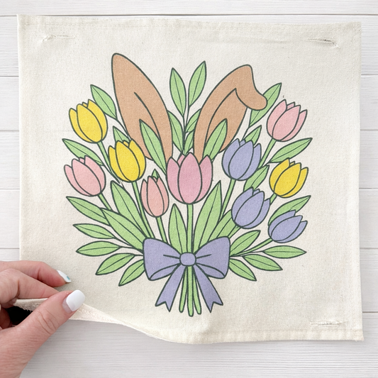 MISFIT PANEL ONLY: SQUARE Spring Happy Easter Bunny, pastels, flowers, tulips, BUNNY EARS