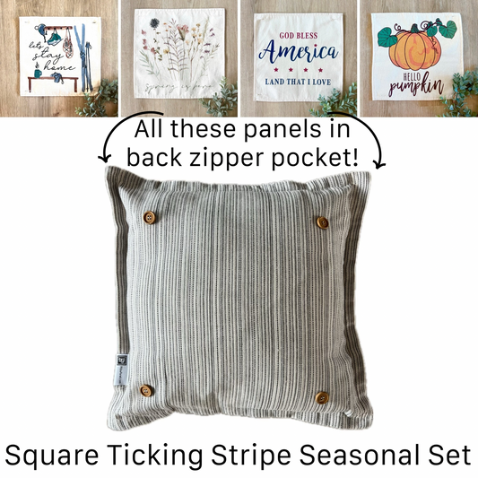 GIFT GUIDE:  PERFECT FOR THE ONE WHO HAS EVERYTHING!   SQUARE  SET: TICKING STRIPES PILLOW (comes with foam insert and these 4 panels in back pocket); Winter Spring Summer Fall Autumn: SKI BENCH, HELLO PUMPKIN, LAND THAT I LOVE, SPRING DRIED FLOWERS