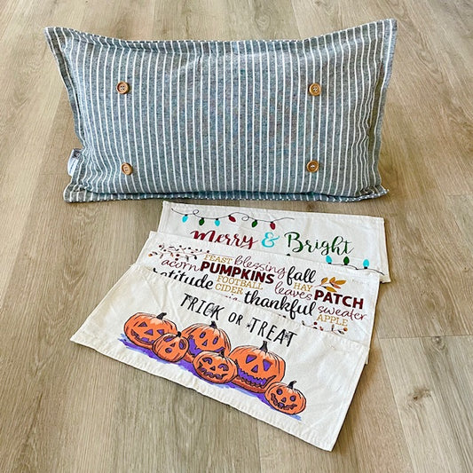 NEW BUNDLE SET: CHARCOAL & CREAM STRIPES Pillow (comes with foam insert and these 3 panels in back pocket); Winter Spring Summer Fall Autumn; TRICK OR TREAT, SUBWAY WORDS, MERRY & BRIGHT