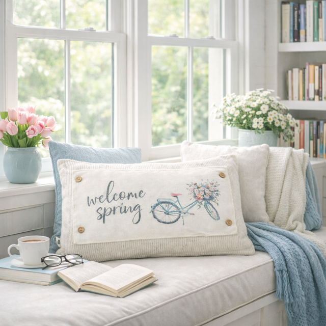 PANEL ONLY: RECTANGLE for throw pillow Flowers Tulips Vintage Old Floral SPRING BIKE