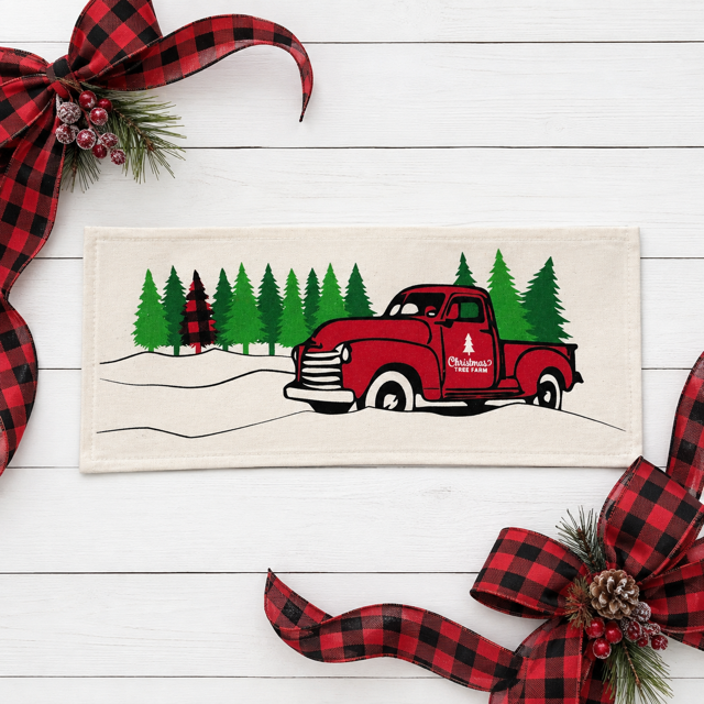 PANEL ONLY:  RECTANGLE Holiday Panel: Winter, Trees,  Father's Day Dad  Vintage; Christmas Red Buffalo PLAID TREE TRUCK