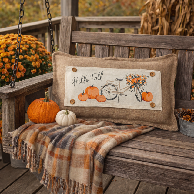 PANEL ONLY: RECTANGLE Hello Fall Floral Vintage, Boho, Autumn; FALL BIKE