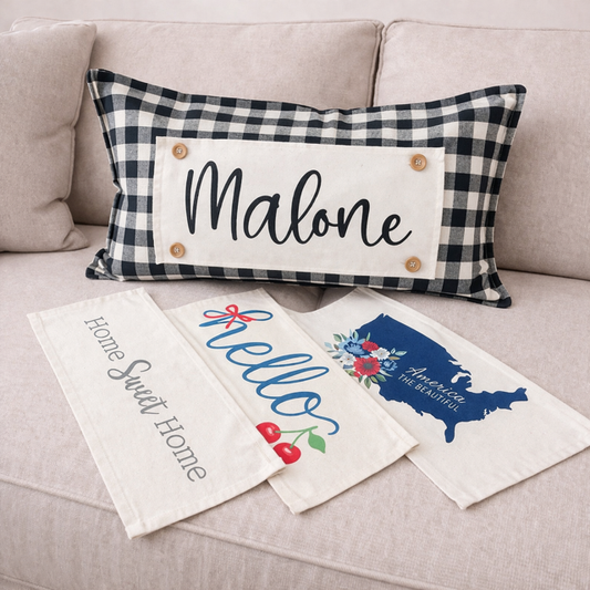 NEW! RECTANGLE SUMMER/FALL BUNDLE:  3 seasons + BUFFALO CHECK pillow:  HELLO CHERRY, USA MAP, HOME SWEET HOME
