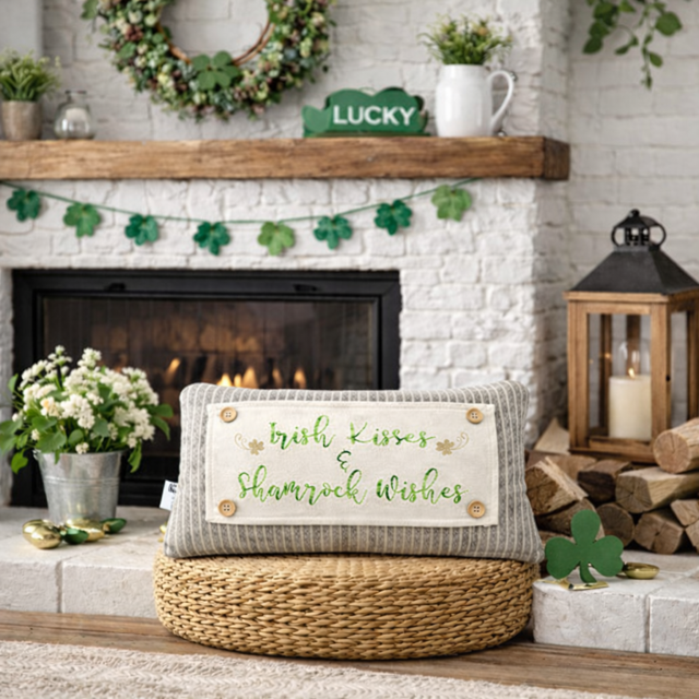 GLITTER PANEL ONLY: RECTANGLE Irish Kisses & Shamrock Wishes; Spring St. Saint Patrick's Day for throw pillow, GOLD CLOVER IRISH KISSES
